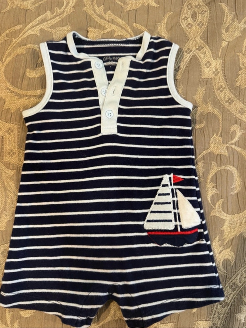 Little Me Navy & White Striped Sailboat Romper with Red Accent